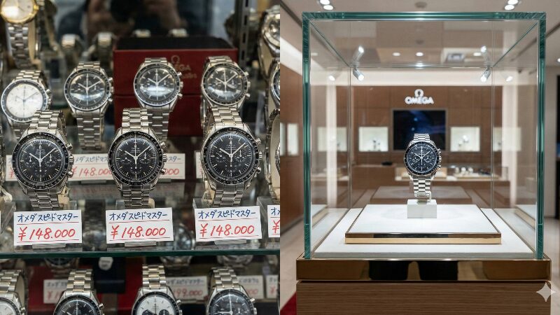 2000年代の日本の時計店で「¥148,000」の値札が付けられたオメガと、現代の高級ブティックでスポットライトを浴びるオメガの対比写真