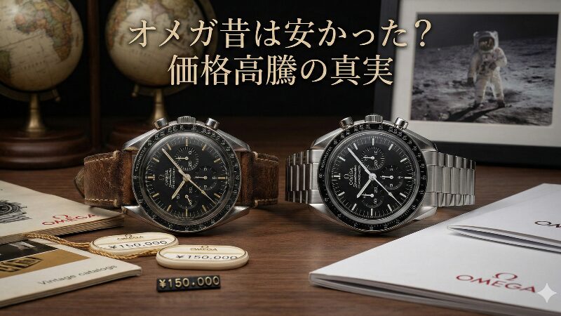 高級な書斎のデスクに並ぶ、ヴィンテージと現代のオメガ スピードマスター