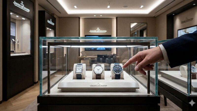 高級時計ブティックのショーケースに並べられたレベルソ、マスターコントロール、ポラリスの各モデル