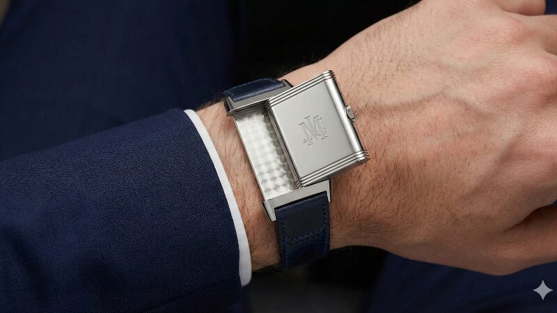 スーツを着た男性が、腕元のジャガー・ルクルト レベルソのケースを反転させている