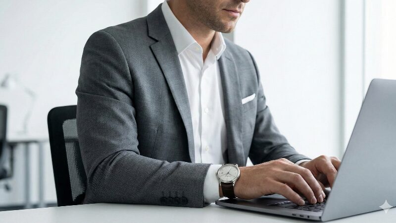 ビジネスオフィスで働く男性の袖口から見える、シンプルなジャガー・ルクルト マスター・コントロール