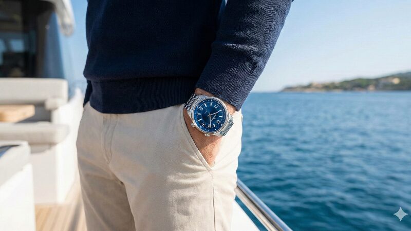 ヨットのデッキでアクティブな時を過ごす男性が着用している、スポーティなジャガー・ルクルト ポラリス