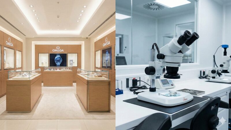 高級感のあるオメガ正規ブティックと、信頼感のある時計修理工房のイメージ