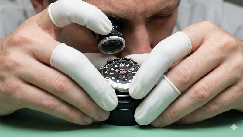 時計をルーペで慎重に点検する熟練職人