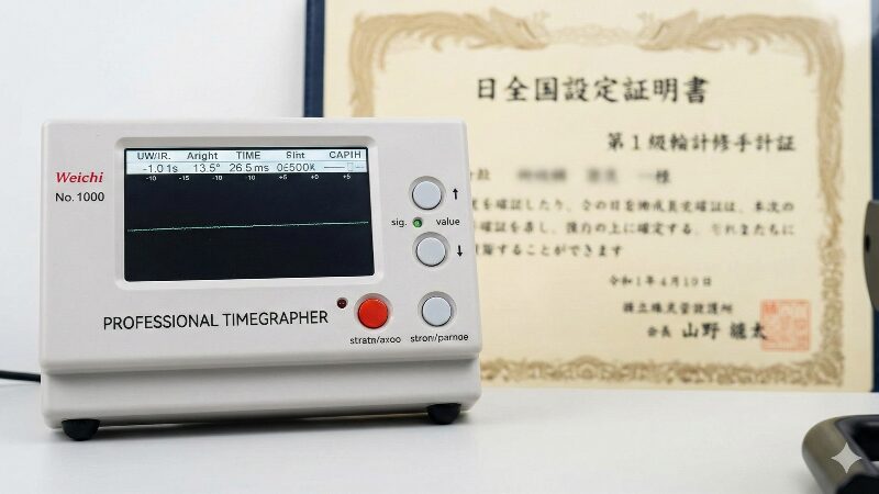 時計修理技能士1級の認定証と精密な測定器