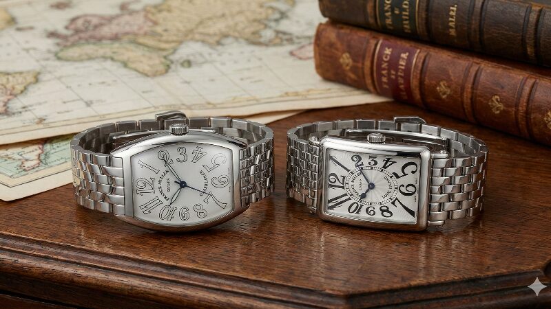 アンティークデスクの上に並べられた、フランクミュラーのカサブランカとロングアイランドのステンレスモデル