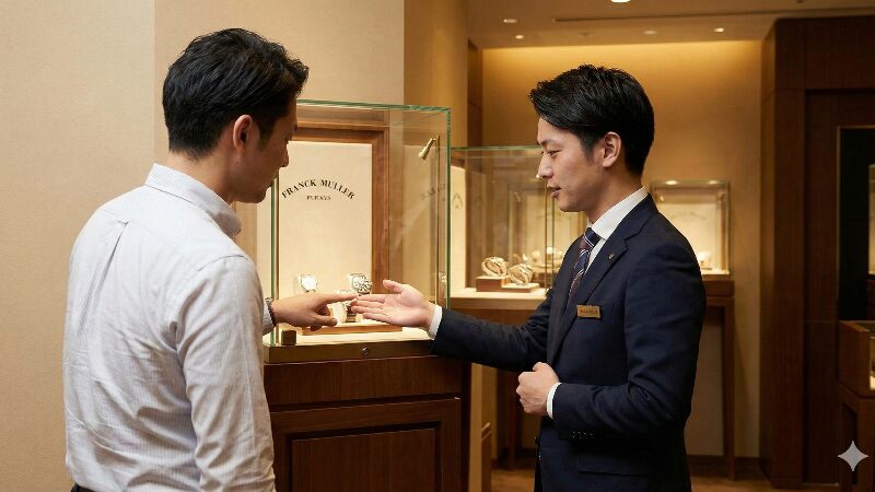 高級中古時計ブティックで、フランクミュラーのショーケースを見ながら店員と相談する