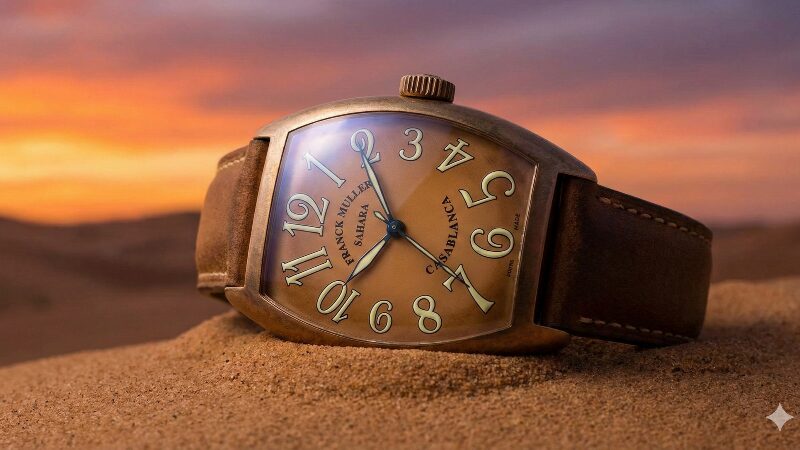 サハラ砂漠の夕暮れを背景に、文字盤が飴色に焼けたフランクミュラー「カサブランカ サハラ」が置かれている
