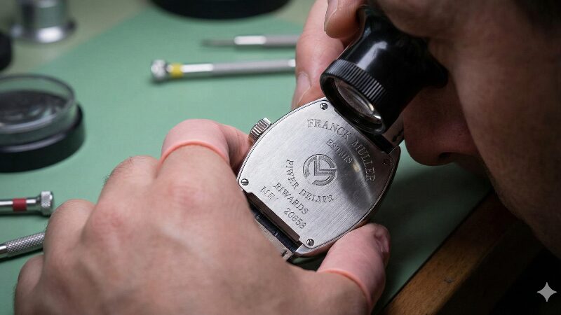 時計鑑定士がルーペを使って、フランクミュラーの裏蓋にある深い刻印とマイナスネジを細部まで確認している