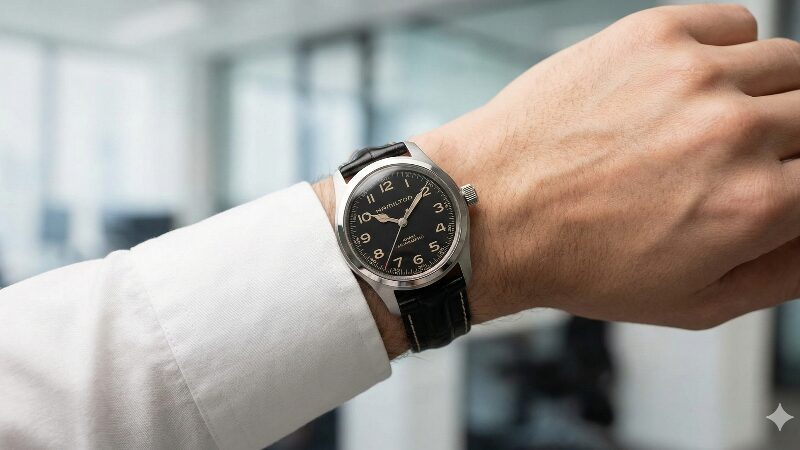 ハミルトンマーフ38mmを着用した男性の腕元。シャツの袖口に収まる完璧なサイズ感