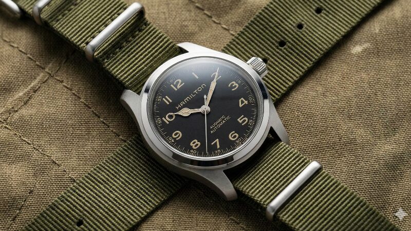 NATOベルトに交換されたハミルトンマーフ38mm。ミリタリーな雰囲気。