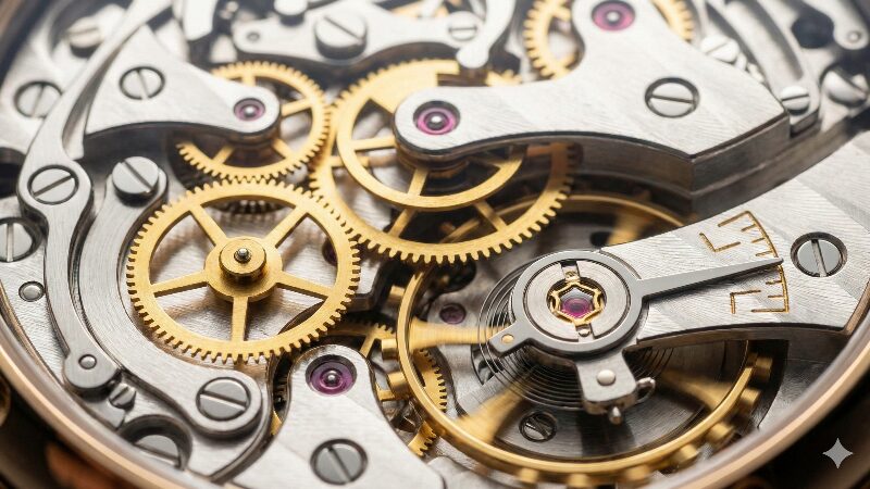 自動巻き時計の精緻な内部ムーブメントのクローズアップ
