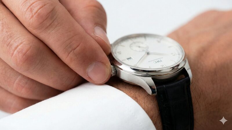 腕時計のリューズを丁寧に操作する男性の手元