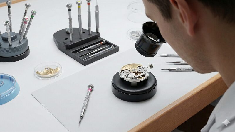 時計職人の工房でメンテナンスされる高級腕時計のパーツ