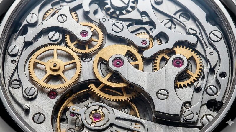 クロノグラフの複雑なムーブメント内部、精密な歯車とルビーの接写
