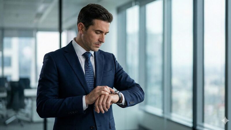 モダンなオフィスでスーツを着たビジネスマンがクロノグラフのボタンを操作している