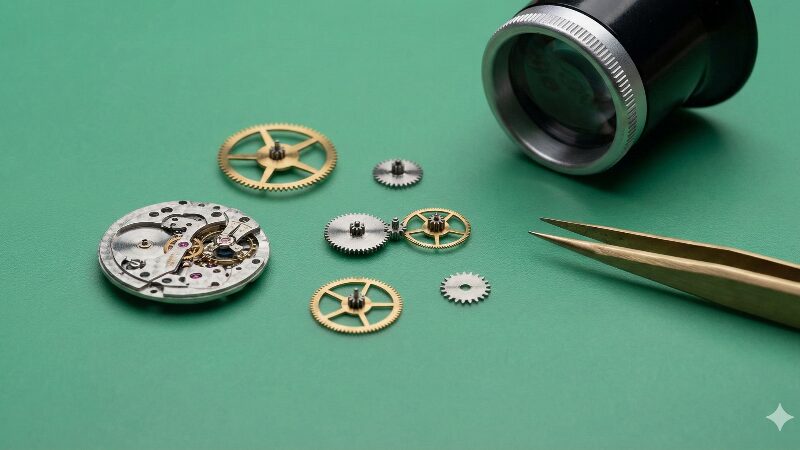 時計師の作業用マットに並べられたクロノグラフの微細な歯車とクラッチパーツ、ピンセット