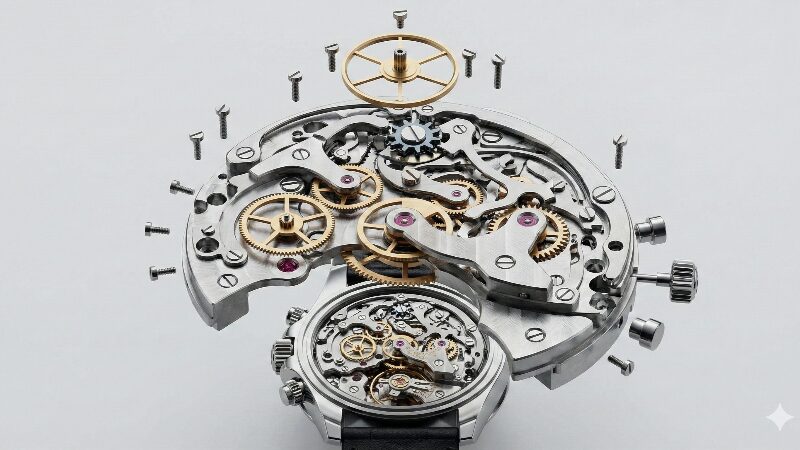 完全に分解され、数百個のパーツが整然と並べられたクロノグラフのムーブメントの様子