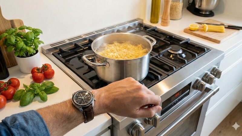 おしゃれなキッチンで、鍋でパスタを茹でながらクロノグラフで時間を計っている