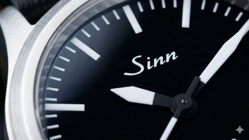 Sinn 556 Iの文字盤のクローズアップ写真。漆黒のダイヤルとコントラストの高い白いバーインデックス、サテン仕上げのケースの質感