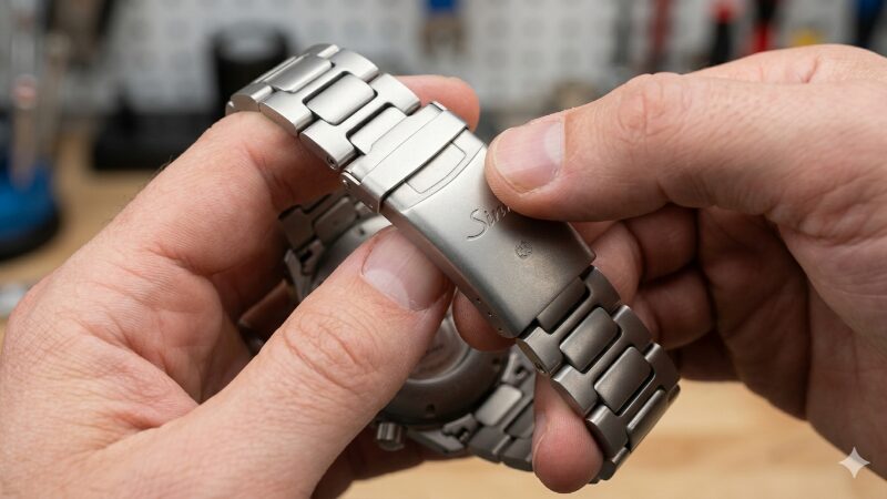 Sinnのツールウォッチのステンレス製ブレスレットとバックルのクローズアップ