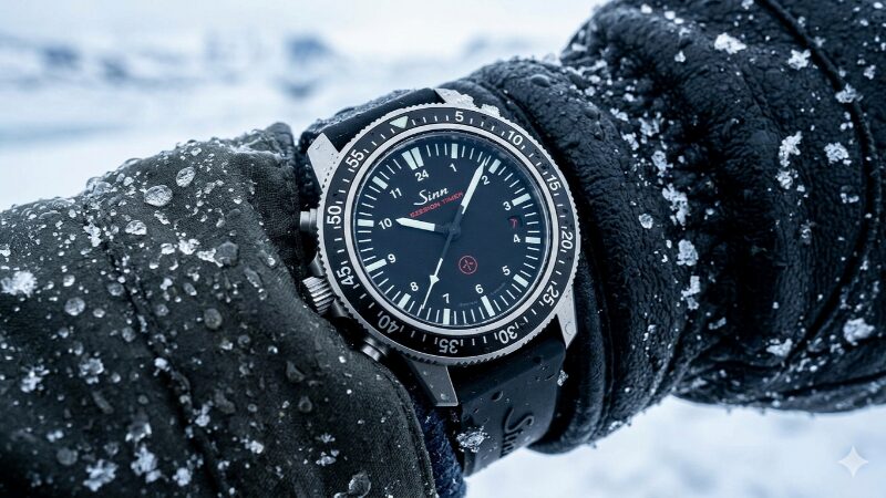 極寒の雪山で厚手の手袋の上に装着されたSinn EZMミッションタイマー