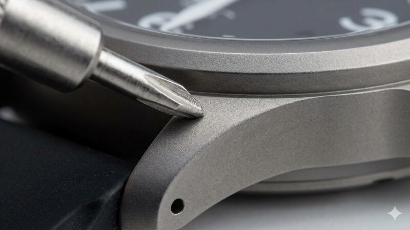テギメント加工が施されたSinnの時計ケースに金属製の工具を押し当てている様子
