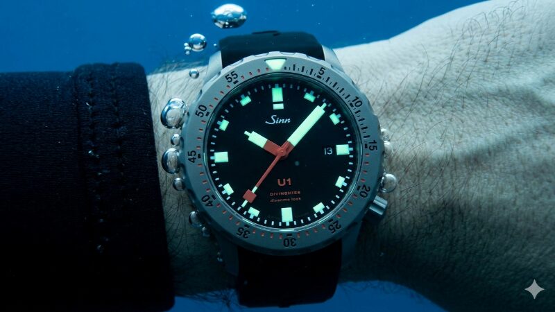 青い海中でダイバーが着用しているSinn U1ダイバーズウォッチ