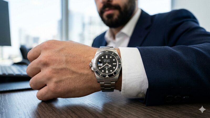 ネイビーのスーツの袖口から見えるスマートなダイバーズウォッチ