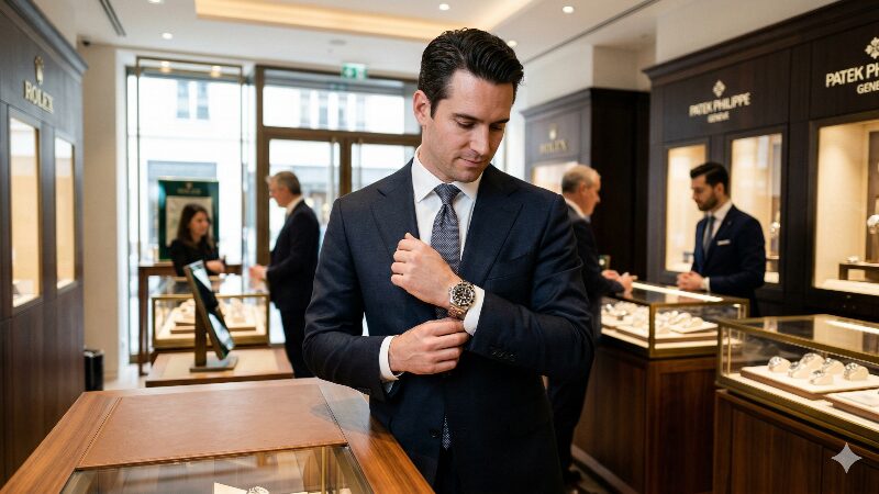 高級時計店で腕時計を選ぶスーツ姿の男性