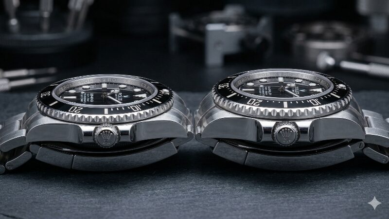 横から見た2つの時計のケース厚みの違い