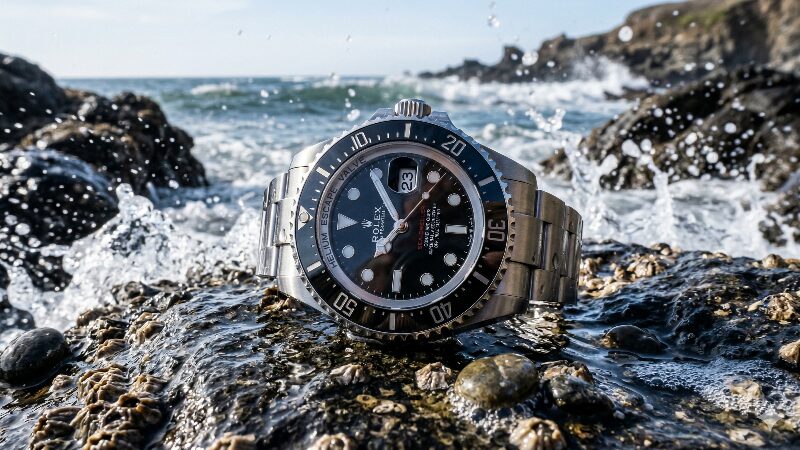海辺の濡れた岩場に置かれたプロ仕様のダイバーズウォッチ 