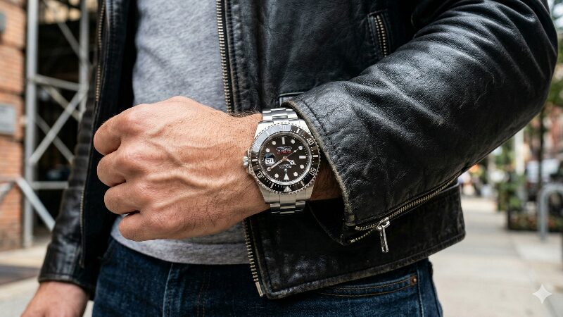 レザージャケットに合わせた重厚感のある大型のダイバーズウォッチ