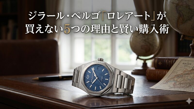 ジラール・ペルゴの「ロレアート」ブルー文字盤モデルが、高級感のある書斎のデスクの上に美しく置かれている