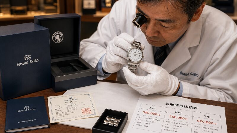 時計職人がグランドセイコー雪白（SBGA211）を精査する場面。外箱・保証書・余りコマ・複数社査定書を机に広げた実践的な売買シーン