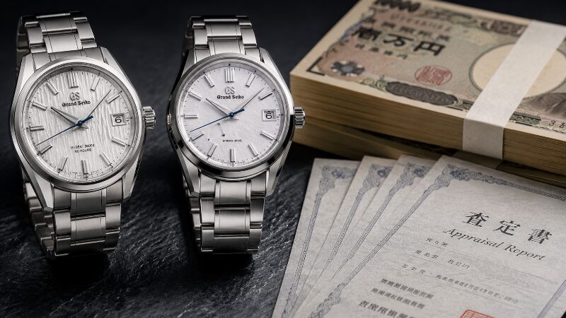グランドセイコー白樺（SLGH005）と雪白（SBGA211）を並べ、日本円の束と査定書を添えたスタジオ撮影