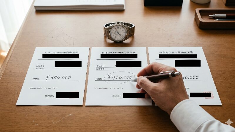 グランドセイコー雪白（SBGA211）と3社の買取査定書（35万・42万・39万円）を机に並べ、最高額を丸で囲む