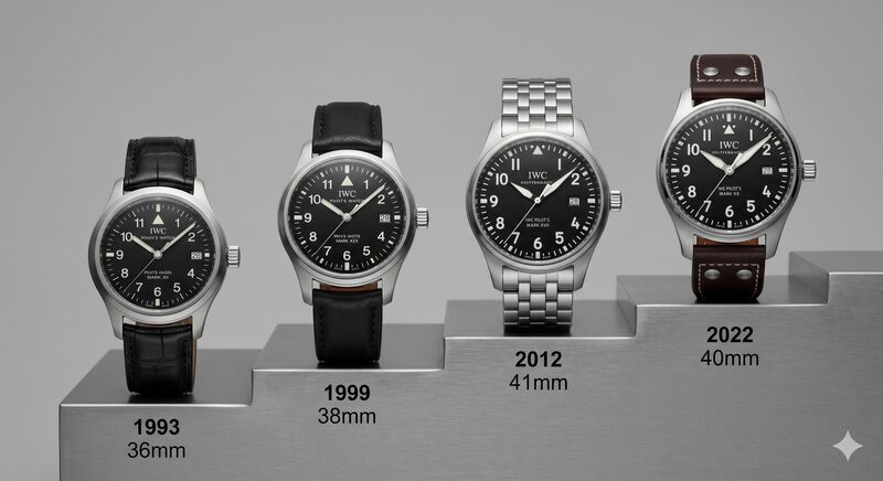 IWCマークシリーズ歴代モデルのサイズと意匠の変遷を示した製品イメージ