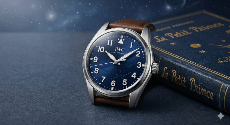 ミッドナイトブルーのサンレイ文字盤を持つIWCプティ・プランス風時計