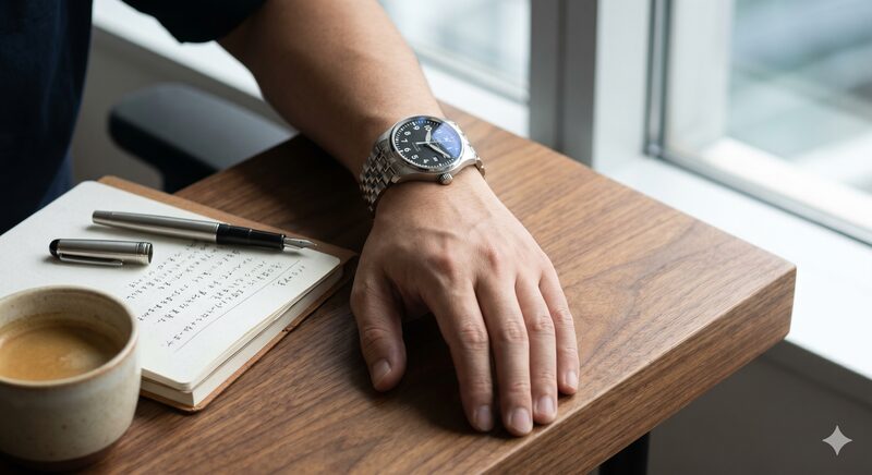40mmのIWCマーク20風時計を着けた手元のライフスタイル写真