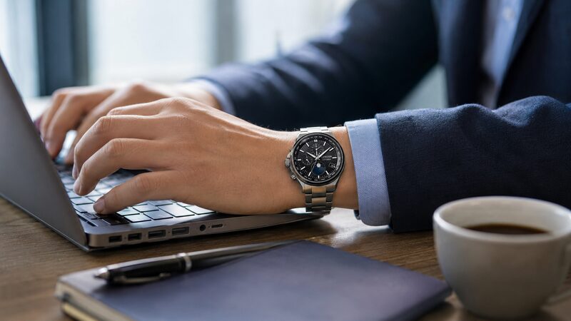 アテッサ ムーンフェイズの評判を確認するビジネスシーンの腕元