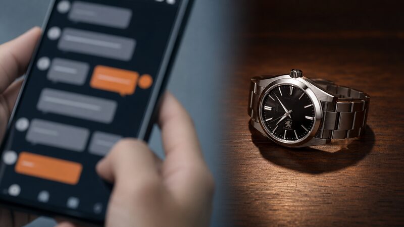 SNSでの評価と実物のグランドセイコーを対比的に見せる編集イメージ