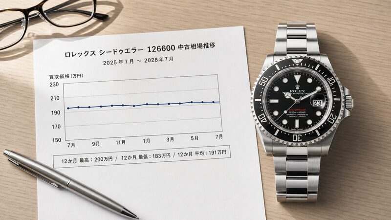 シードゥエラー Ref.126600 と横ばいの価格推移グラフを並べた机上の写真。値上がりではなく相場の静けさで資産価値を測る視点を示す構図