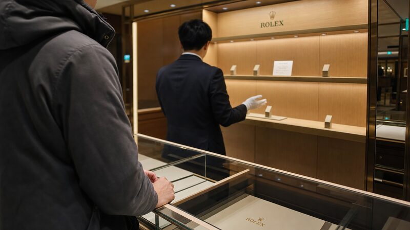 正規店のショーケースに並ぶ空の展示台を見つめる来店客の後ろ姿。バットマンの入手困難な状況を象徴する写真