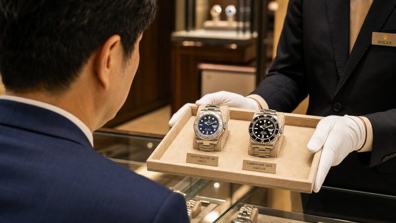 時計店のカウンターでヨットマスターとサブマリーナを見比べる男性。購入前の比較検討シーンを表現