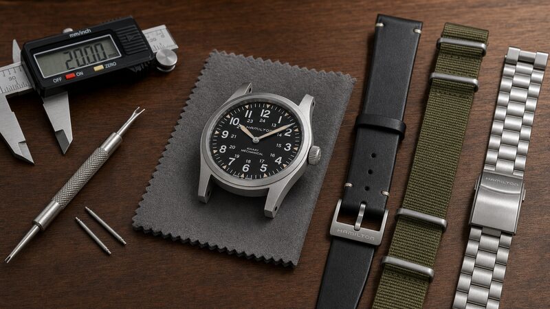 カーキ フィールド38mmと20mmのレザー・ナイロン・ステンレスブレス3本、バネ棒外しとノギスを並べたベルト交換の作業台を写した製品写真