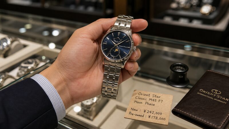 時計店のカウンターでオリエントスター ムーンフェイズを手に取り購入を検討する男性の手元