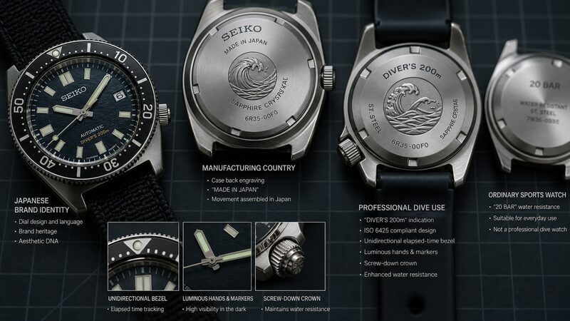 日本ブランドの文字盤、Made in Japan表記、DIVER'S 200m表示、20気圧防水の裏ぶたを並べて違いを示す精密マクロ
