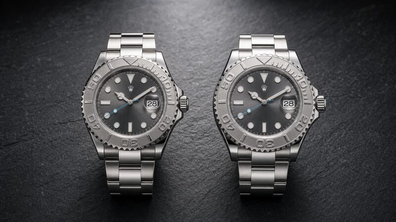 旧世代と現行のヨットマスターを並べ35mmから37mmへ拡大された歴史を示す製品比較写真