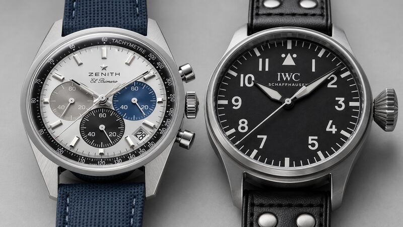 ゼニスのトリカラー文字盤とIWCの無骨な文字盤の意匠を比較したマクロ写真